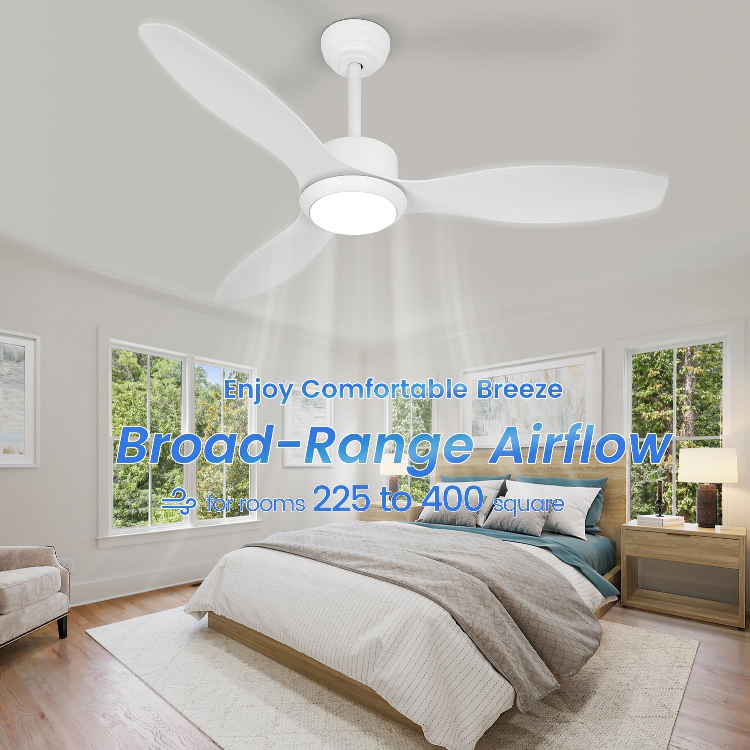 48 inch White Ceiling Fans with Lights and Remote, Modern Ceiling Fan with 3 Blades, Quiet Reversible DC Motor, 3 Color Dimmable Lights,6 Speed, for Bedroom Living Room Indoor Outdoor Patios