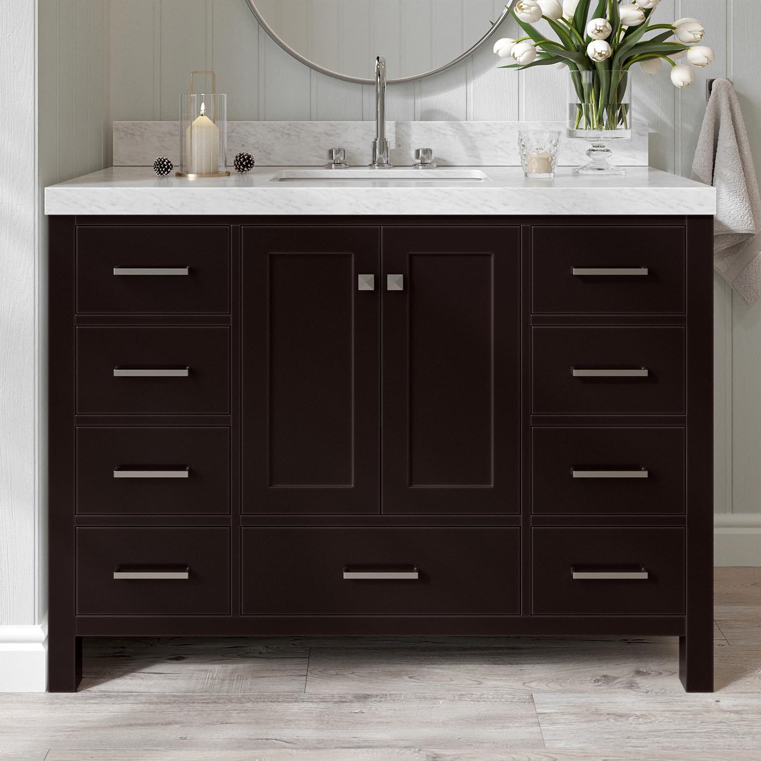 ARIEL Cambridge 48-inch Bathroom Vanity with Sink,Solid Wood, 2-inch Italian Carrara Marble Countertop, Single Rectangular Porcelain Sink, 2 Soft Closing Doors, 9 Dovetail Drawers, Espresso