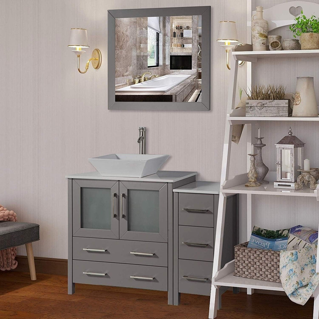 Vanity Art 42 Inch Vessel Single Sink Bathroom Vanity Cabinet with 1 Mirror, Engineered Marble Top Bathroom Cabinet Compact Set with 5 Dovetail Drawers and Soft Closing Doors, VA3130-42-G