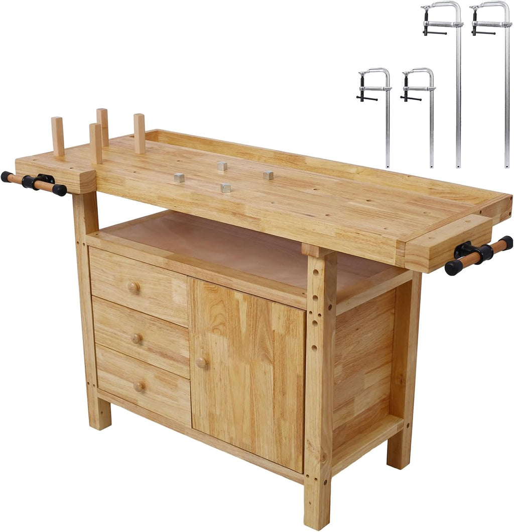Wood Workbench - 55-Inch Acacia Hardwood Workbench with Drawer - Heavy Duty Work Bench Table, with Bar Clamps Set 2 pcs 12' x 3'+ 2pcs 24' x4-3/4,4pcs Pack, for Garage, Workshop, Home Storage