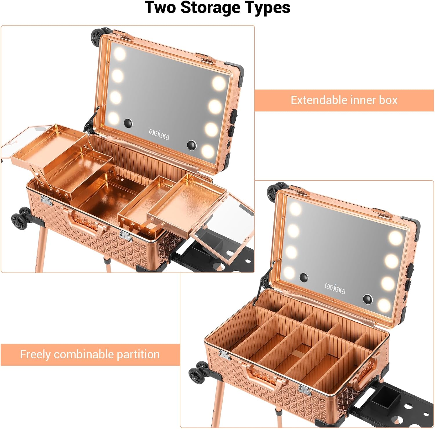 Rolling Makeup Train Case with Lighted Mirror and Bluetooth Speaker Professional Cosmetic Organizer Case with Wheels, Stands Portable Makup Station Vanity for Travel (Rose gold, Small)