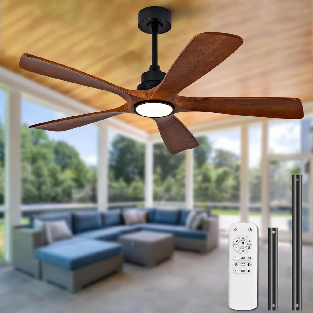 52 Inch Modern Ceiling Fans with Lights and Remote, 5 Blade Wood Ceiling Fan with Light, Wall Switch, Dimmable, Memory Function, Quiet DC Motor, Indoor Outdoor Ceiling Fan for Patio Living Room