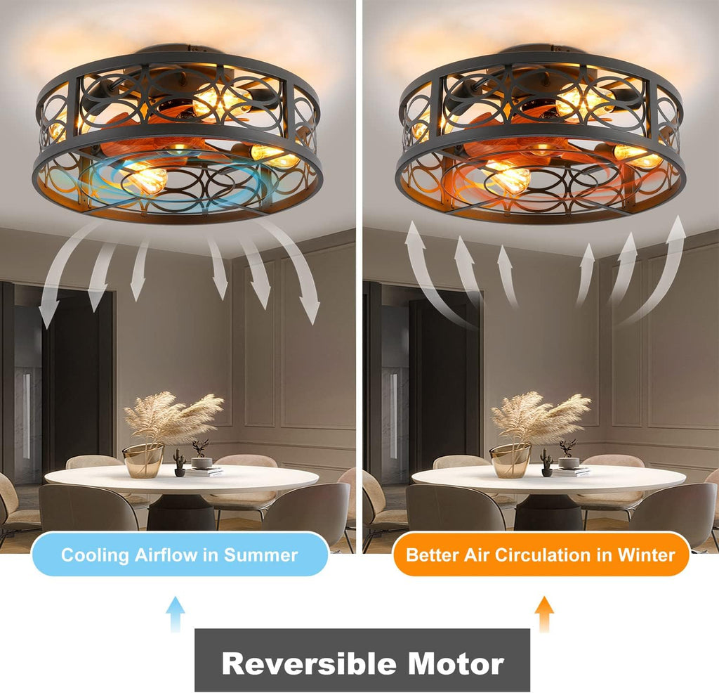 20' Caged Ceiling Fan with Light and Remote，Bladeless Ceiling Fan 6 Speed Reversible with 4 Bulbs and Remote Control.Low Profile Ceiling Fans with Lights for Bedroom, Dining Room