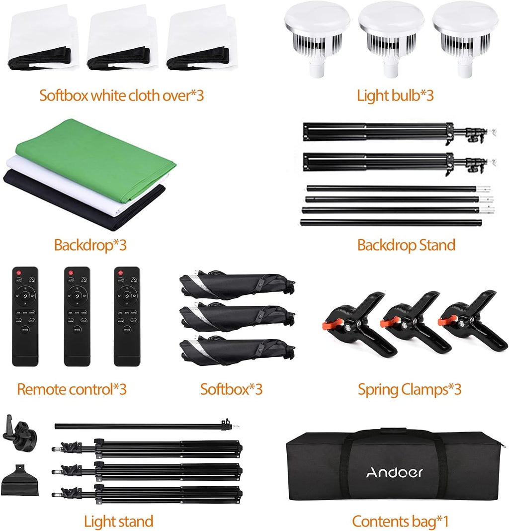 Andoer Photography Lighting Kit with Backdrops, 2800K-5700K 85W LED Softbox, 6.5x10ft Backdrop Stand System, Continuous Studio Lighting Kit for Photo Video Shooting
