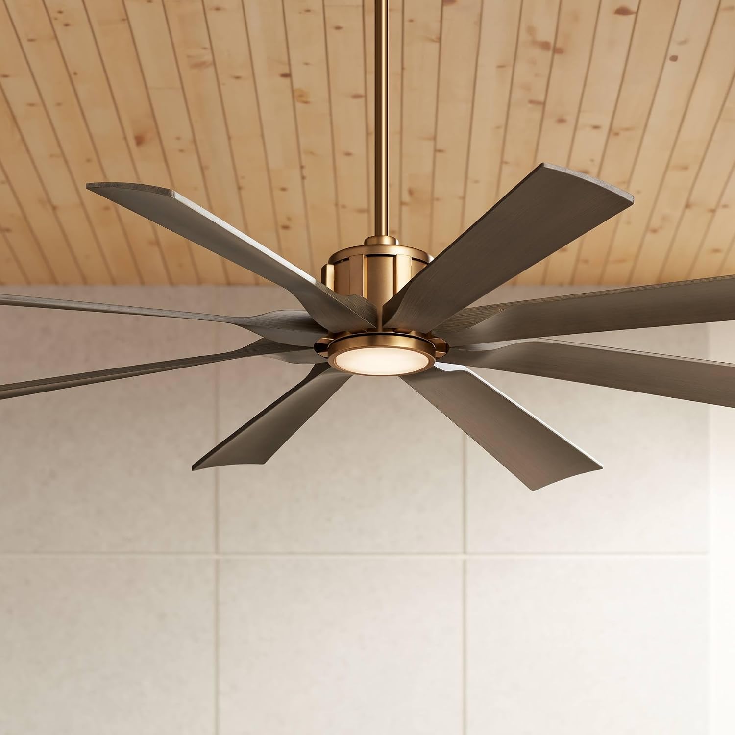 Possini Euro Design 60' Defender Modern Outdoor Ceiling Fan with Dimmable LED Light Remote Control Soft Brass Weathered Oak Blades Damp Rated for Patio Exterior House Porch Gazebo Garage Barn