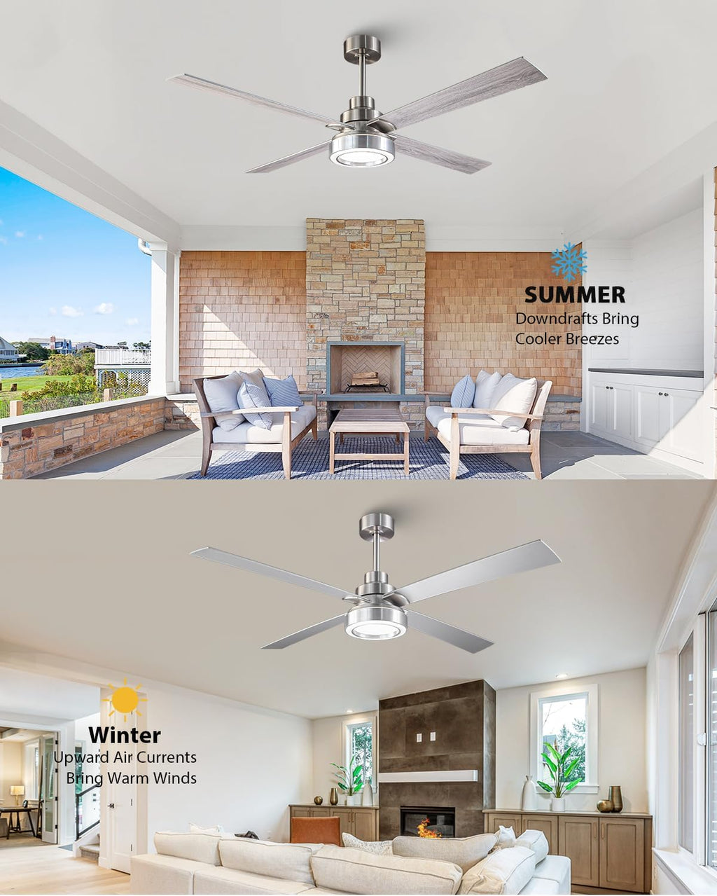 60 Inch Large Brushed Nickel Ceiling Fans with Lights and Remote/APP - Modern Sleek Indoor Outdoor Ceiling Fan for House, Living Room, Shop, Garage Silver Ceiling Fan, 3CCT Dimmable, 6 Speeds