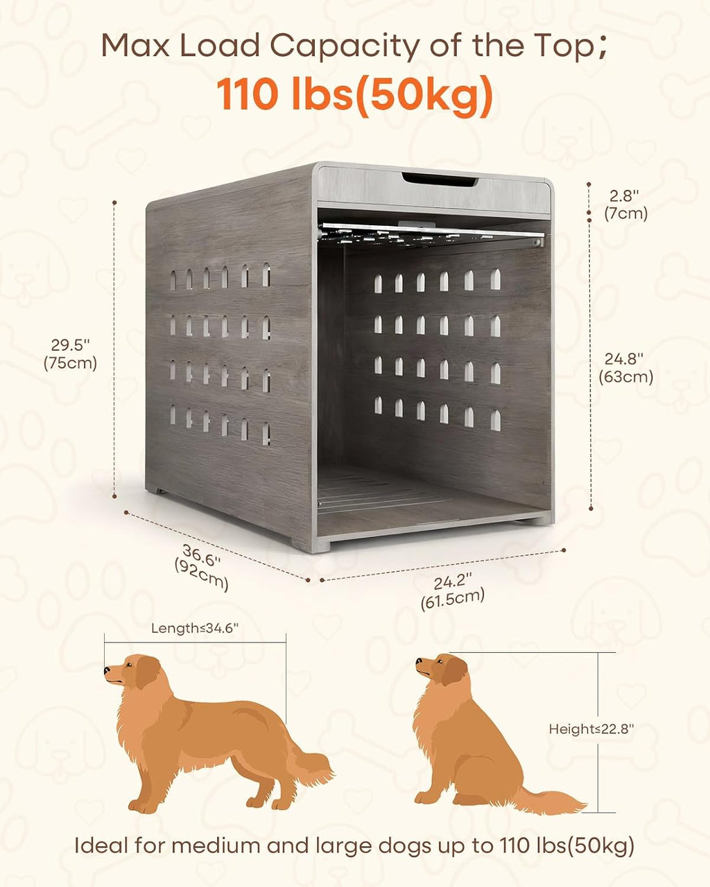 Modern Dog Crate Furniture with Charging Station Large Kennel Indoor with Flip-up Hidden Acrylic Door for Large and Medium Breeds up to 110lb Wood Pet End Side Table Cage, Grey