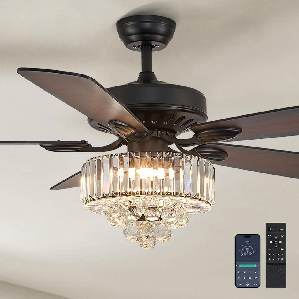 NOXARTE 52 Inch Crystal Ceiling Fan with Light, Modern LED Fandelier with Remote, Black Chandelier Fan Reverse Motor Wood Blades with 6 Speeds for Living Dining Room