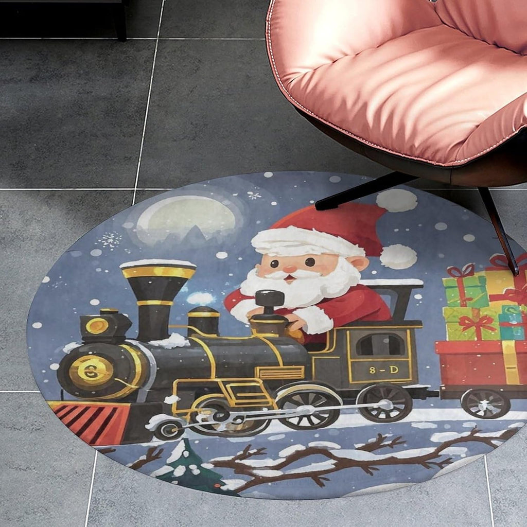 Santa's Train Coral Velvet Round Floor Mat Non-Slip Bath Rug Floor Covering for Bathroom Vanity Guest Suite & Vacation Home