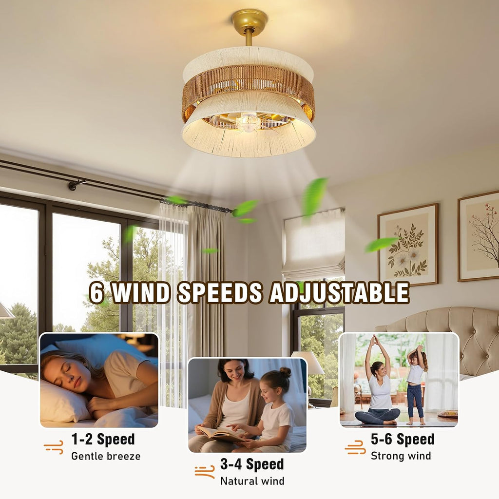Boho Fandelier Ceiling Fan with Light，Gold Rattan Chandelier Fan Remote Caged Fandelier Ceiling Fan for Bedroom,Nursery,Foyer,Kitchen and Living Room，6 Speeds Timing Adjustment Height Enclosed,20Inch