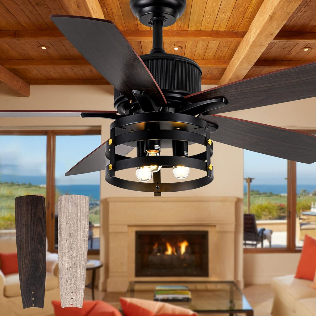 Farmhouse Rustic Ceiling Fan with Lights, 52 Inch Industrial Ceillng Fan Outdoor Ceiling Fan for Patio, Large Airflow Reversible Dual Finish Blades Rustic Fan for Indoor with Timing Function