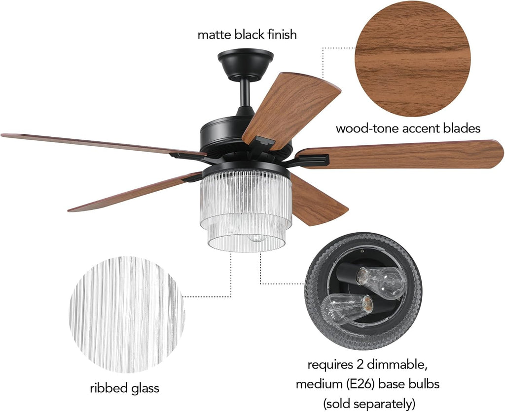 Globe Electric 37000023 52' 2-Light Ceiling Fan with Glass Shade, Remote Control, WhisperQuiet DC Motor, 6 Speeds, Matte Black, Indoor/Outdoor
