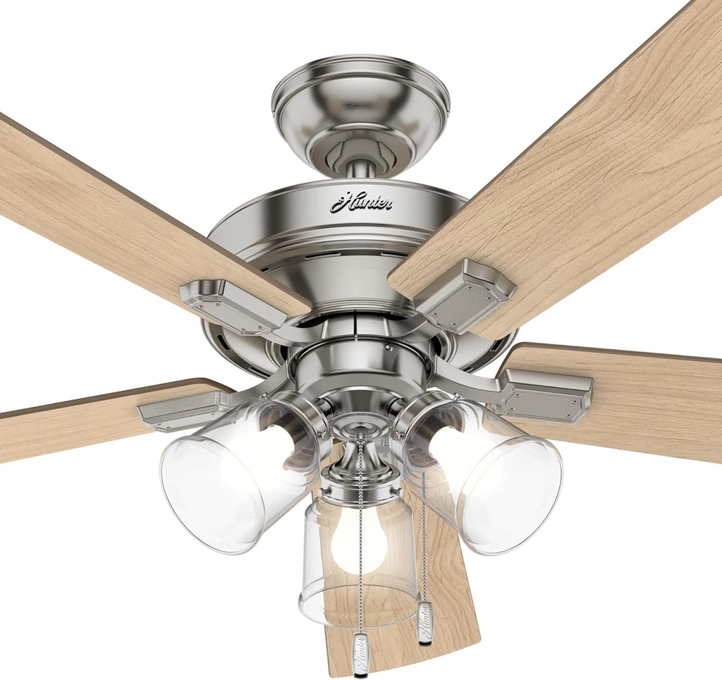 Hunter 52 inch Indoor Ceiling Fan with LED Lights and Pull Chain - Standard Mount Ceiling Fan, 5 Blades, For Bedroom, Living Room, or Kitchen, 3 inch Downrod - Crestfield 54206, Brushed Nickel