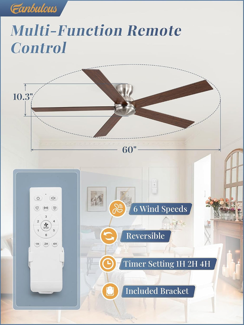 60 Inch low profile ceiling fan, Brushed Nickel Large Ceiling Fan no Lights, 6-Speeds, Quiet Reversible DC Motor, Indoor/Outdoor Ceiling Fans no light for Patios, Living Room, Bedroom