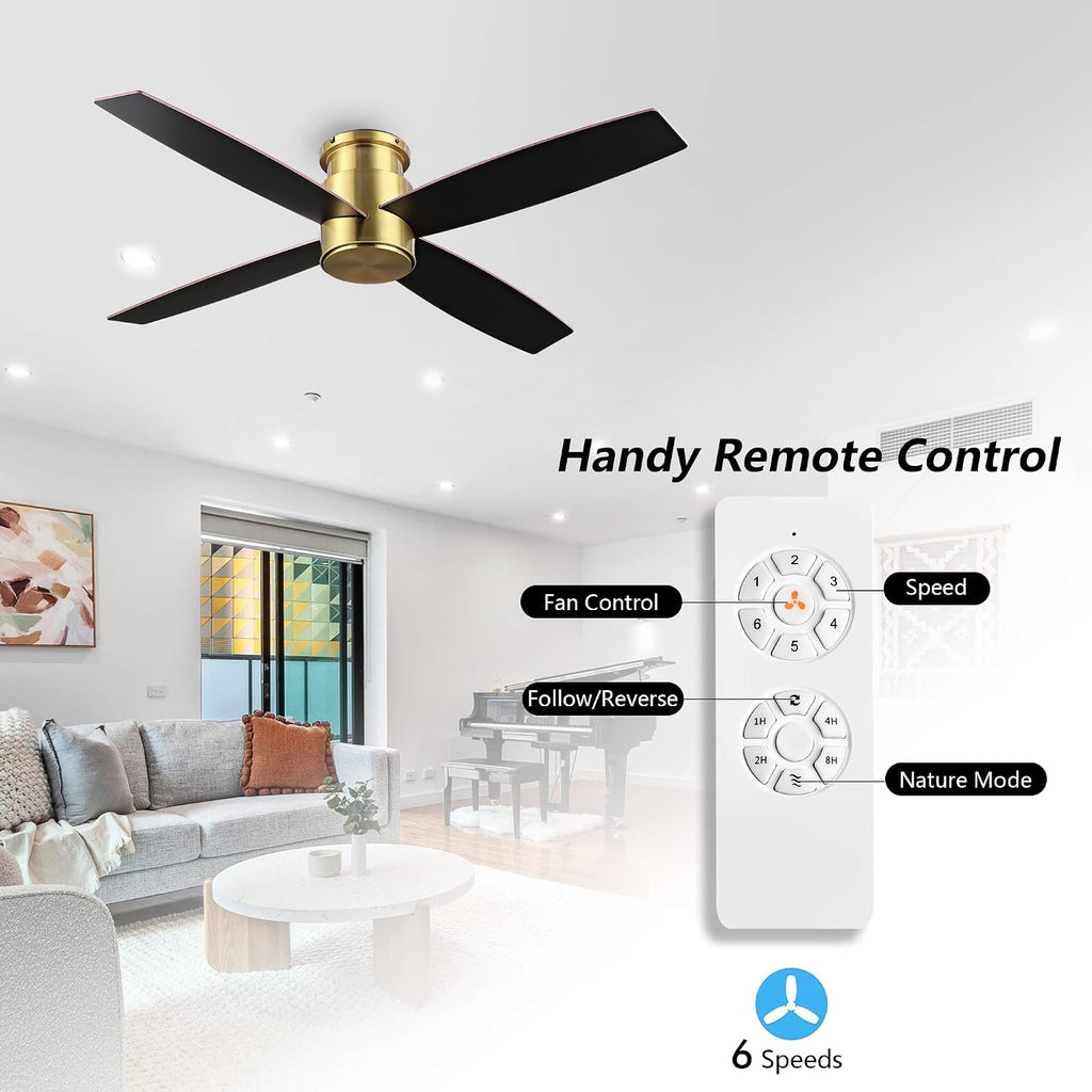 WINGBO 52' Flush Mount DC Ceiling Fan without Lights, 4 Reversible Blades, Ultra Quiet 6-Speed DC Motor, Hugger Low Profile Indoor Ceiling Fan No Lights, Brass Finish