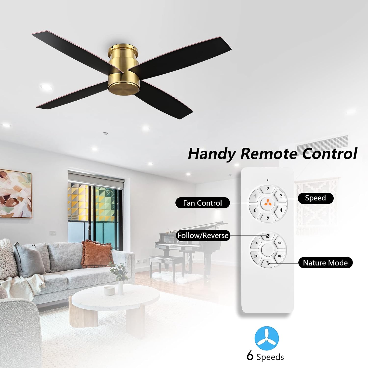 WINGBO 52' Flush Mount DC Ceiling Fan without Lights, 4 Reversible Blades, Ultra Quiet 6-Speed DC Motor, Hugger Low Profile Indoor Ceiling Fan No Lights, Brass Finish