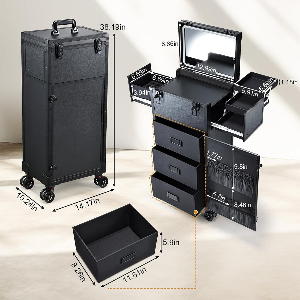 Rolling Makeup Case with LED mirror, Cosmetology Case on Wheels with Lighted Mirror, Professional Salon Trolley Cart with 3 Drawers,Travel Makeup Lockable Beauty Organizer with Live Stream Light