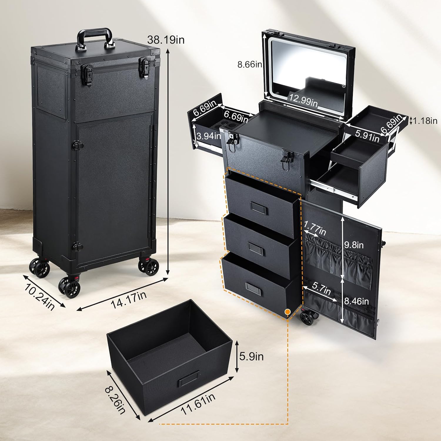 Rolling Makeup Case with LED mirror, Cosmetology Case on Wheels with Lighted Mirror, Professional Salon Trolley Cart with 3 Drawers,Travel Makeup Lockable Beauty Organizer with Live Stream Light