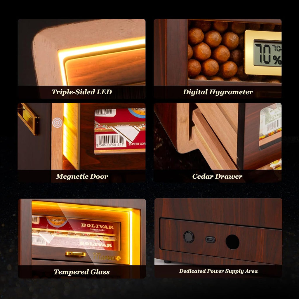 Desktop Cigar Humidor Cabinet Triple-Sided Light with Digital Hygrometer, Humidifier and Humidity Packs. 4 Cedar Wood Drawers, Cigar Humidor Box can Hold 200 Cigars. Present for Men