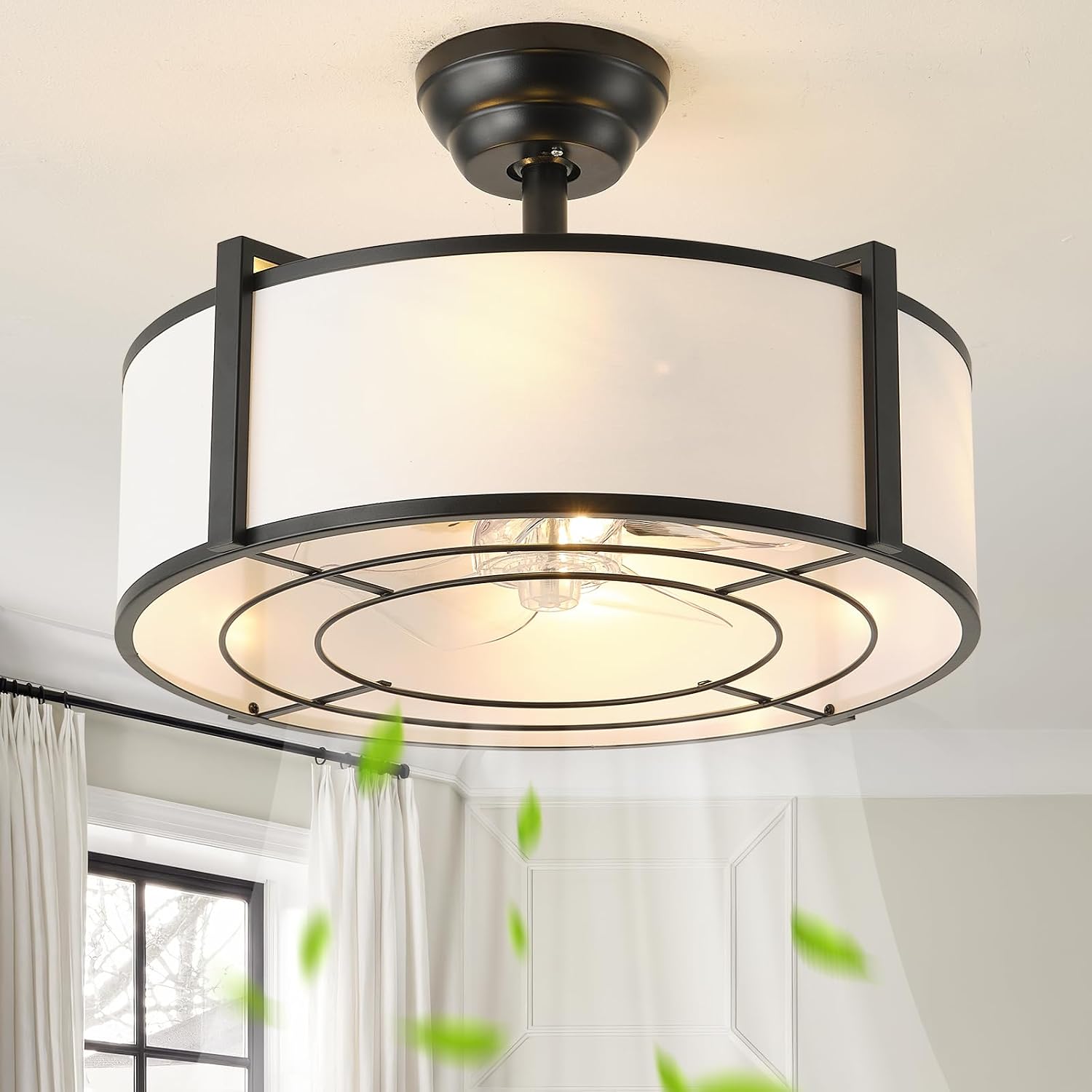 20' Black Fandelier Ceiling Fans with Lights, Boho Rattan Ceiling Fan with Light Remote Control, Caged Mid-Century Modern with 6 Speeds for Bedroom, Nursery, Living Room