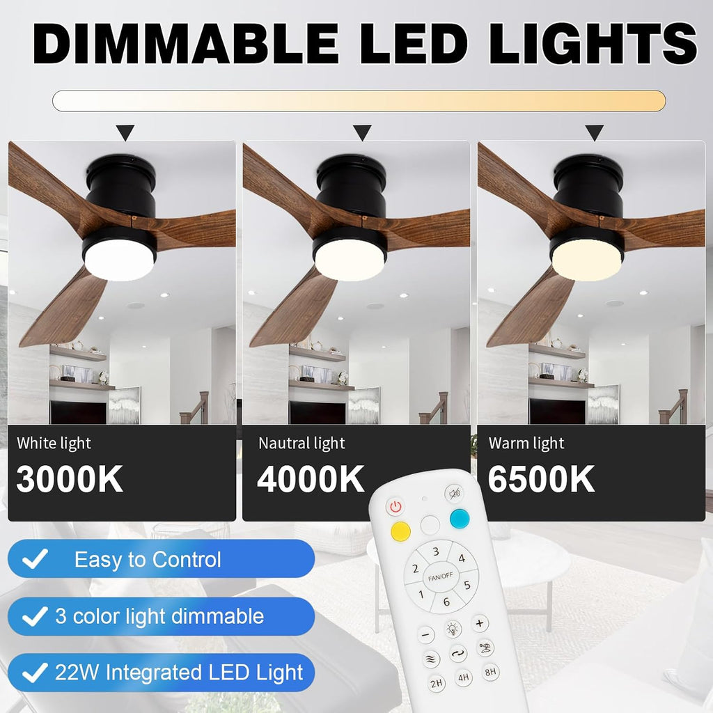 52 Inch Ceiling Fans with Lights Remote, Amber solid wood Low Profile Flush Mount Ceiling Fan with Light, Timing Silent Reversible DC Motor LED Fan Lighting Indoor Outdoor Fans for Farmhouse Bedroom
