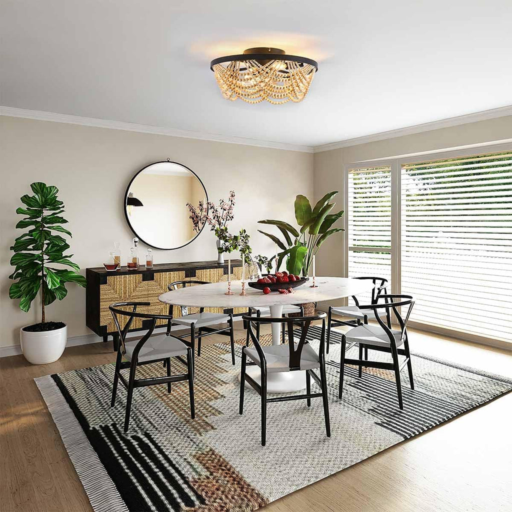 Boho Ceiling Fan with Lights Flush Mount,20 Inch Bohemia Black Wood Bead Close to Ceiling Fan Light, 4 Lights Low Profile Enclosed Ceiling Fans with Remote Control for Bedroom Living Room Kitchen