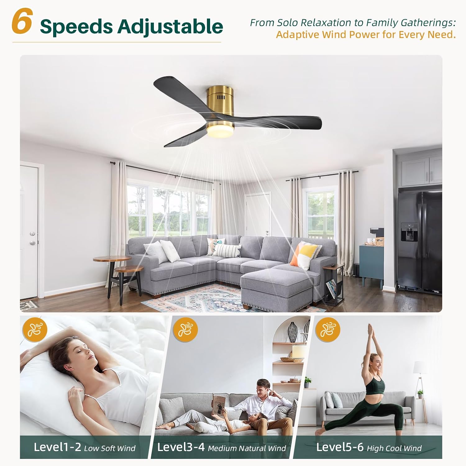 CACI Mall 52 Inch Wood Flush Mount Ceiling Fan with Lights, 3 Blades, Low Profile, Modern, 3CCT, Dimmable, Noiseless, Remote Contral, Outdoor Indoor Ceiling Fans for Bedroom/Farmhouse/Patio