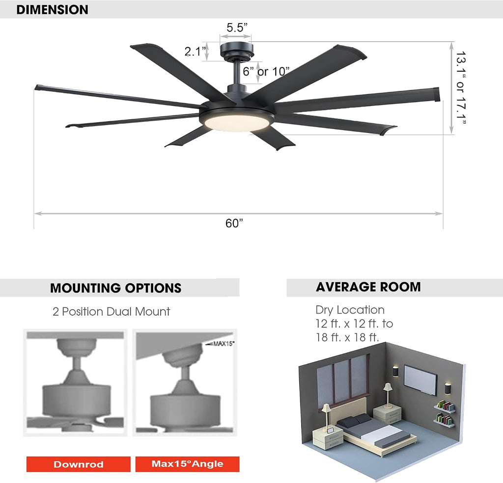 Ceiling Fans with Lights and Remote 60 Inch Industrial Ceiling Fan with Light for Bedroom Living Room, Black Large Outdoor Ceiling Fans for Patios, 6-Speed Reversible DC Motor, Ventilador de Techo