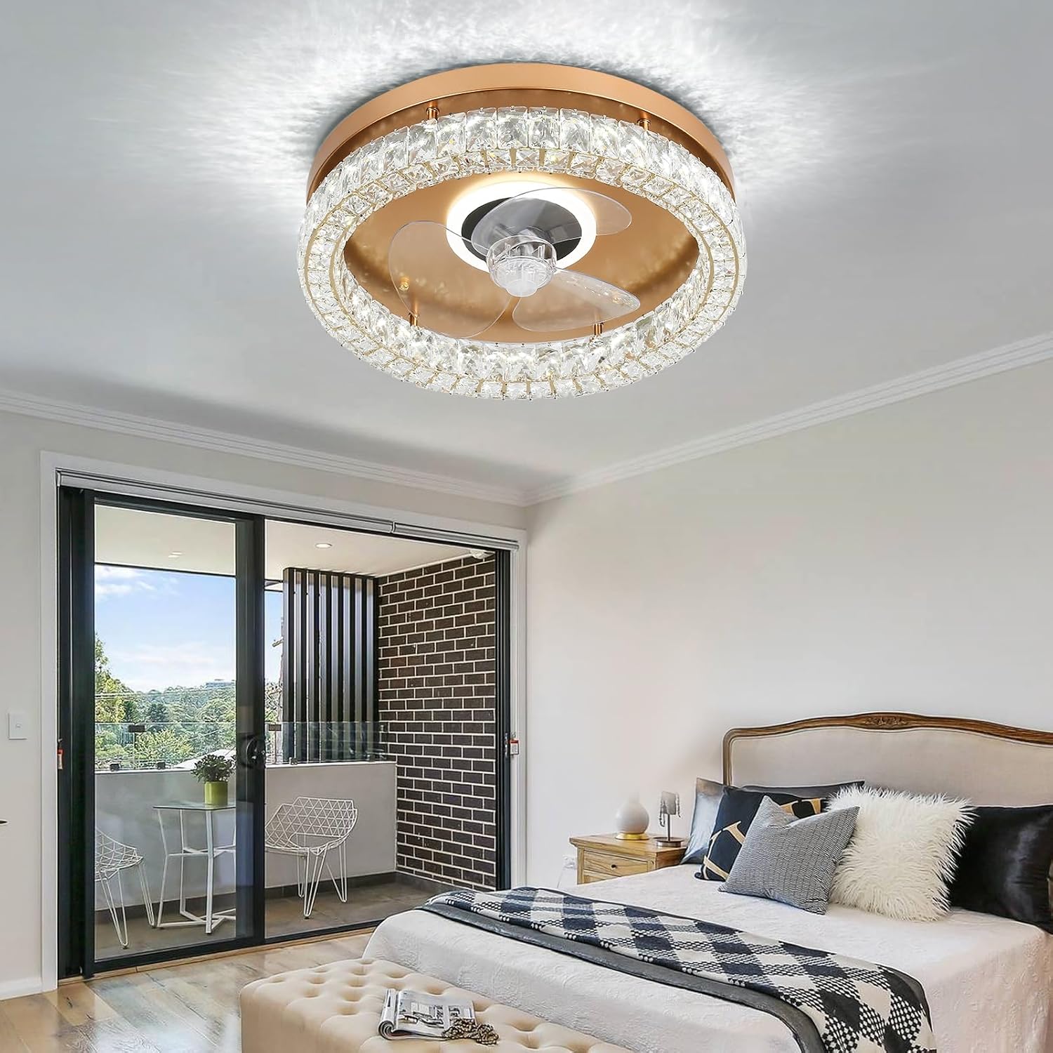 CLAIRDAI Crystal Ceiling Fans with Lights Flush Mount Ceiling Fan with Remotel Control Dimmable LED Low Profile Ceiling Fan 6 Speeds Reversible Blades Timing with Remote Control Gold