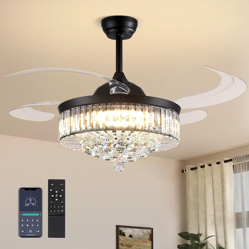 48'' Crystal Fandelier Ceiling Fan with Light, Retractable Blades Ceiling Fans with Light and Remote, Dimmable Chandelier Ceiling Fan for Bedroom Living Room-Black