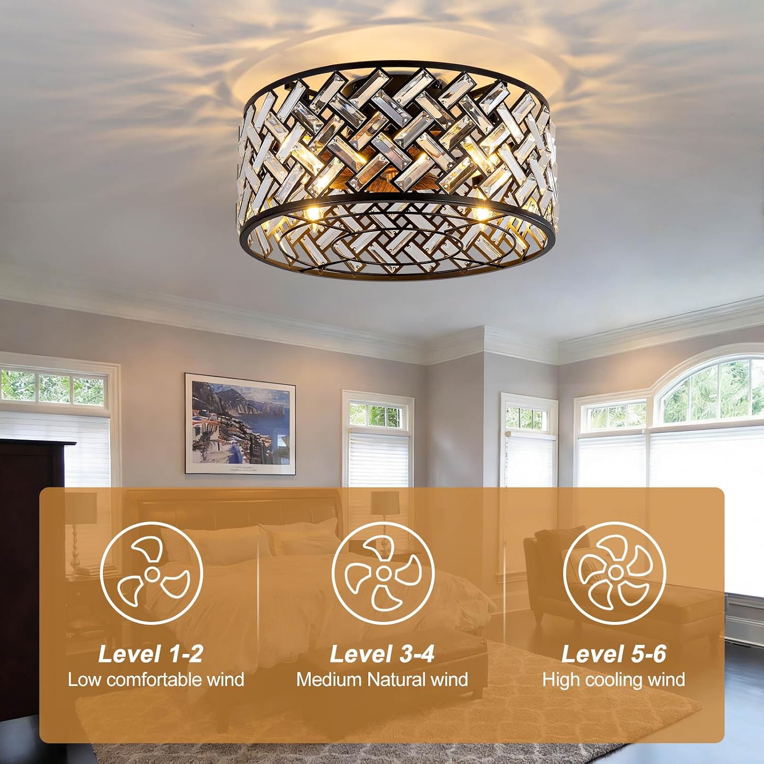 Modern Chandelier Crystal Ceiling Fans with Lights and Remote, 18.7-Inch Low Profile Bladeless Flush Mount Caged Ceiling Fan for Bedroom, Kitchen,Living Room,Small Ceiling Fan with Light with 6 Speed