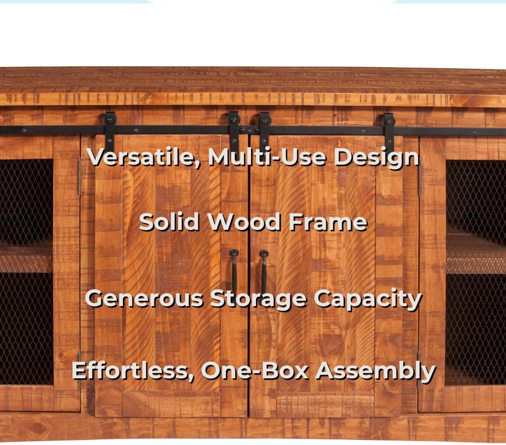 Martin Svensson Home 65' Solid Pine Wood Entertainment Center with Storage. Rustic TV Stand for TVs up to 70.' Sliding Doors, Adjustable Shelves & Cable Management – Honey Tobacco Finish