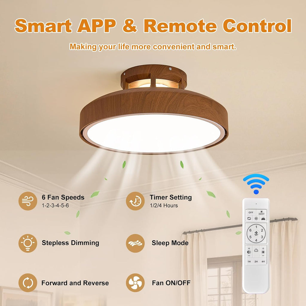 Bladeless Ceiling Fans with Lights and Remote, 18.9' Farmhouse Embedded Ceiling Fan Light, Flush Mount Dimmable LED Chanelier Fan for Bedroom,Walnut Color