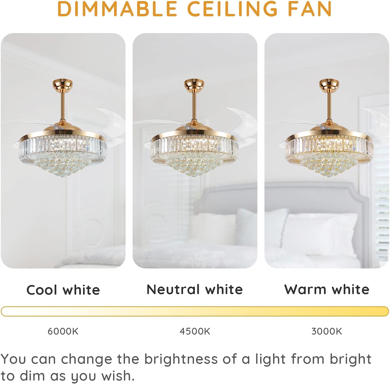 52 Inch Crystal Ceiling Fan with Light and Remote Modern Dimmable Fandelier Invisible Retractable Chandelier Fan Gold for Bedroom Living Room