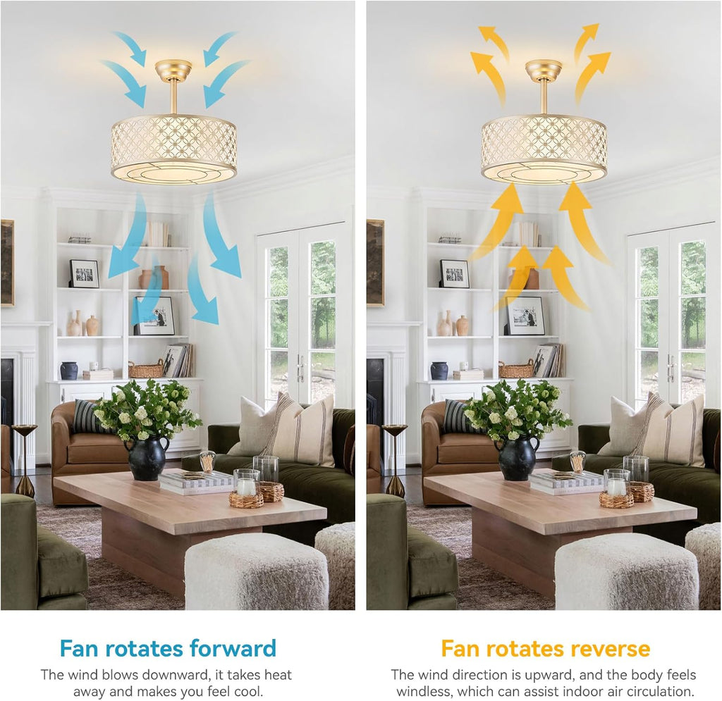 Gold Fandelier Ceiling Fan with Light, 20' Caged Gold Chandelier Ceiling Fans with Lights Remote Control, Fabric Mid-Century Modern with 6 Speeds for Bedroom, Nursery, Living Room.