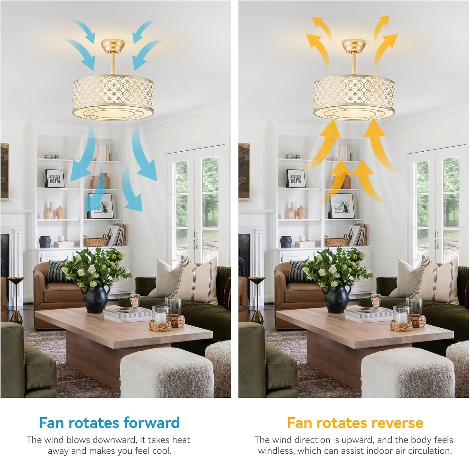 Gold Fandelier Ceiling Fan with Light, 20' Caged Gold Chandelier Ceiling Fans with Lights Remote Control, Fabric Mid-Century Modern with 6 Speeds for Bedroom, Nursery, Living Room.