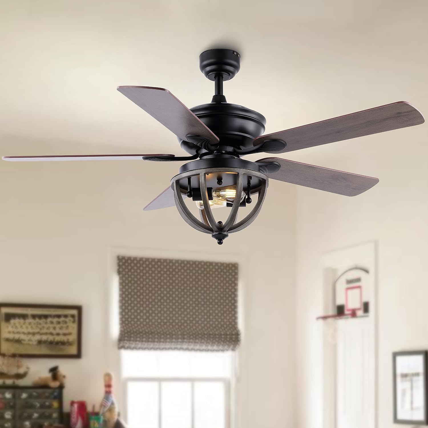 JONATHAN Y 52' Black 2-Light Iron LED Ceiling Fan with Remote, 5 Reversible Ashwood/Coffee Brown Blades, Farmhouse Industrial Metal Dome Shade, ETL Listed, LED Bulbs Included JYL9613A