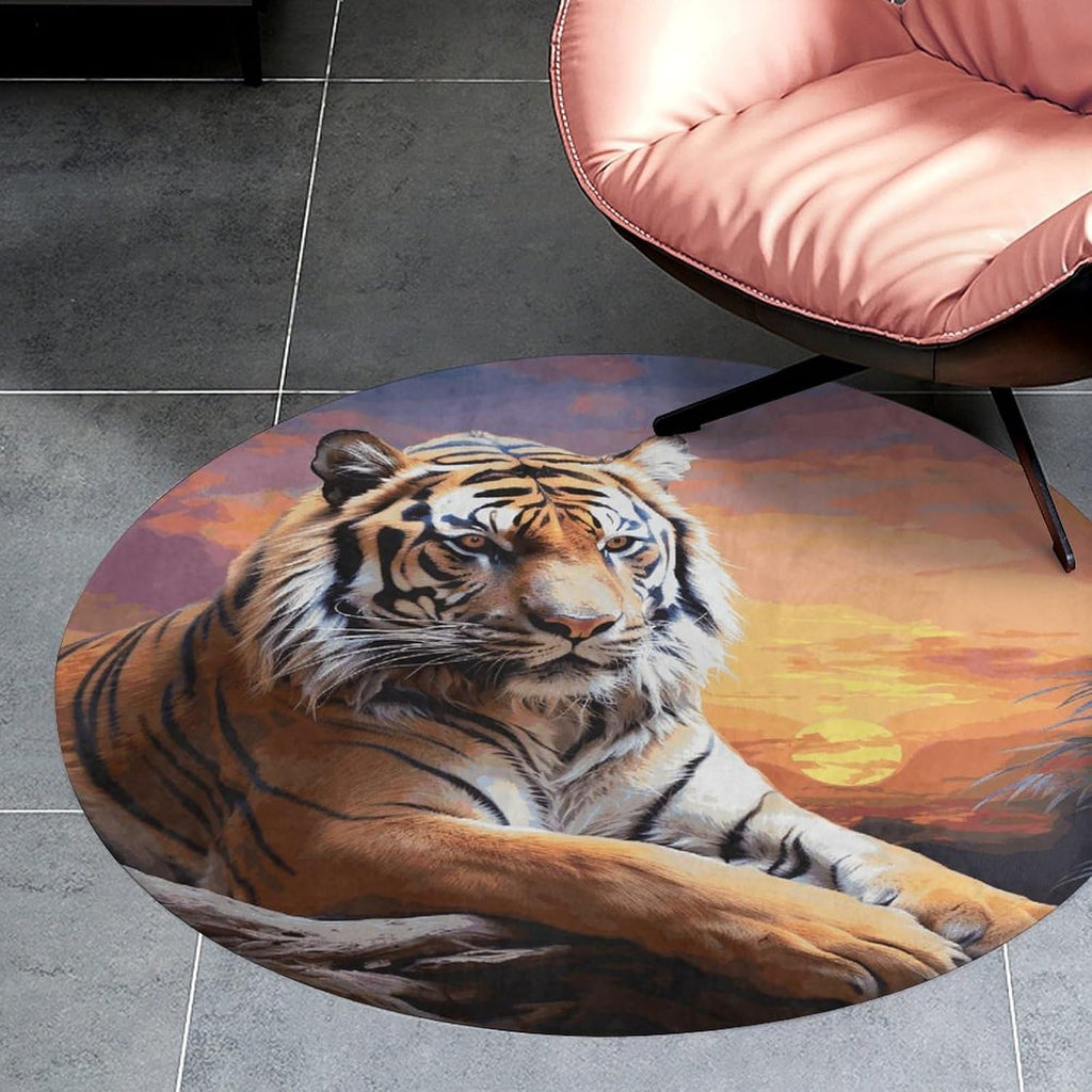 Tiger Colorful Sunset Coral Velvet Round Floor Mat Non-Slip Bath Rug Floor Covering for Bathroom Vanity Guest Suite & Vacation Home