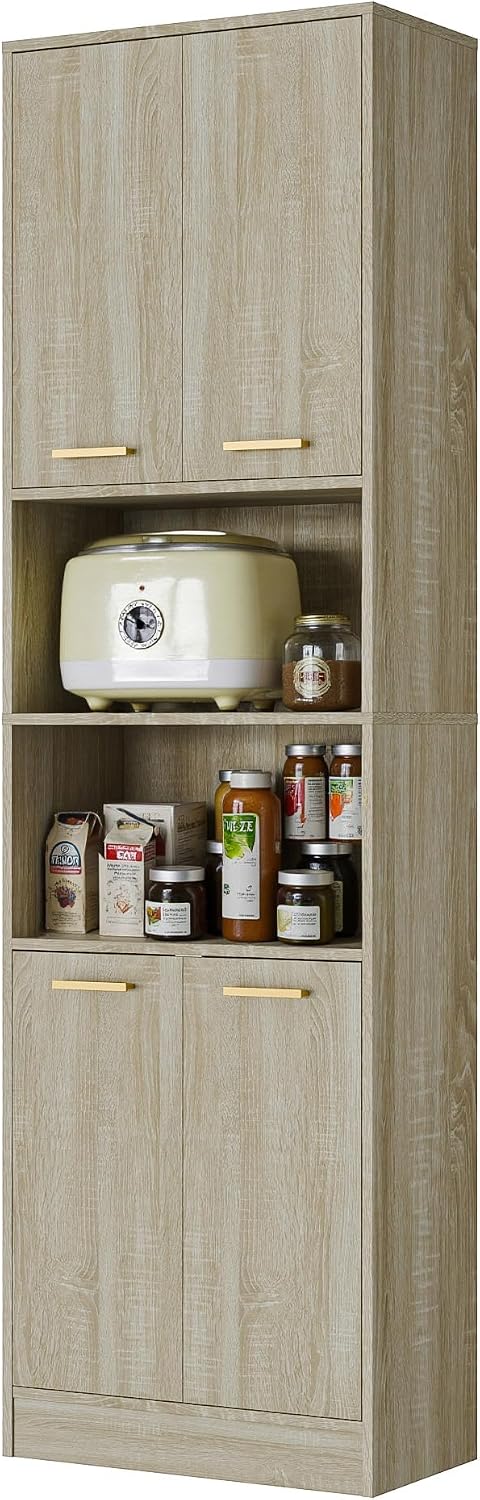 Cozy Castle Kitchen Pantry Cabinet, 75' Tall Wood Cupboard with Doors and Adjustable Shelves, Freestanding Food Storage Organizer for Dining Room, Kitchen, Living Room, Whitewashed Oak