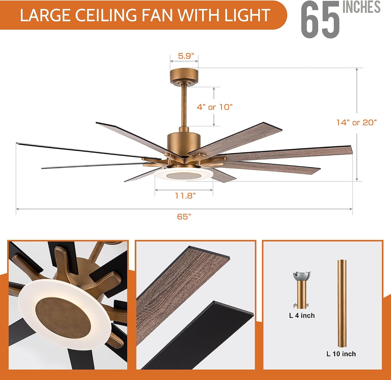 Ceiling Fans with Lights and Remote, 65 Inch Brass Ceiling Fan for Living Room Bedroom, Large Black Outdoor Ceiling Fans for Patios, Dimmable LED, 6 Speeds, Reversible DC Motor, Ventilador de Techo