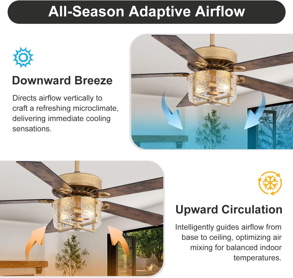 52 Inch Rustic Farmhouse Ceiling Fan with Light Kit & Remote, Ultra Quiet DC Motor, Reversible 5-Blade Design, Antique Light Fixture, Dual Downrod for Low/High Ceilings - Vintage Black Gold