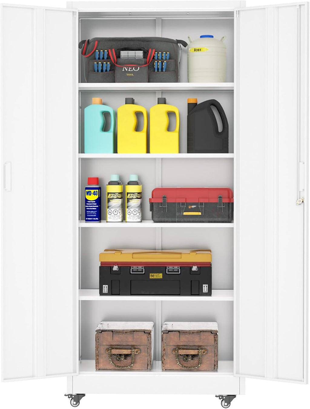 INTERGREAT Metal Storage Cabinet with Wheels, 73' Garage Storage Cabinet with Door and 4 Shelves, Tool Cabinet on Caster for Home, Office, White