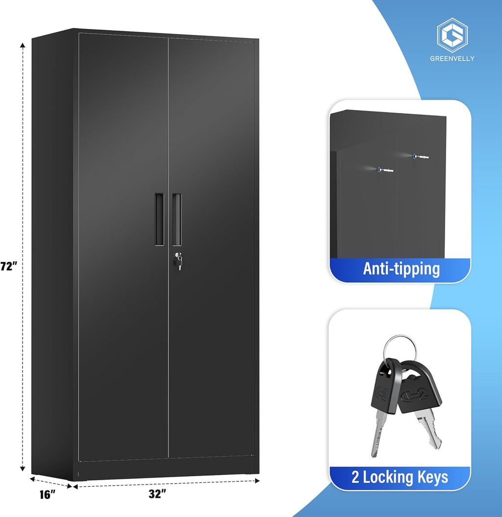 Greenvelly Metal Cabinet, 72' Black Locking Metal Storage Cabinet with 2 Doors and 4 Adjustable Shelves, Lockable Garage Storage Cabinets for Home Office, Garage, Kitchen, Living Room