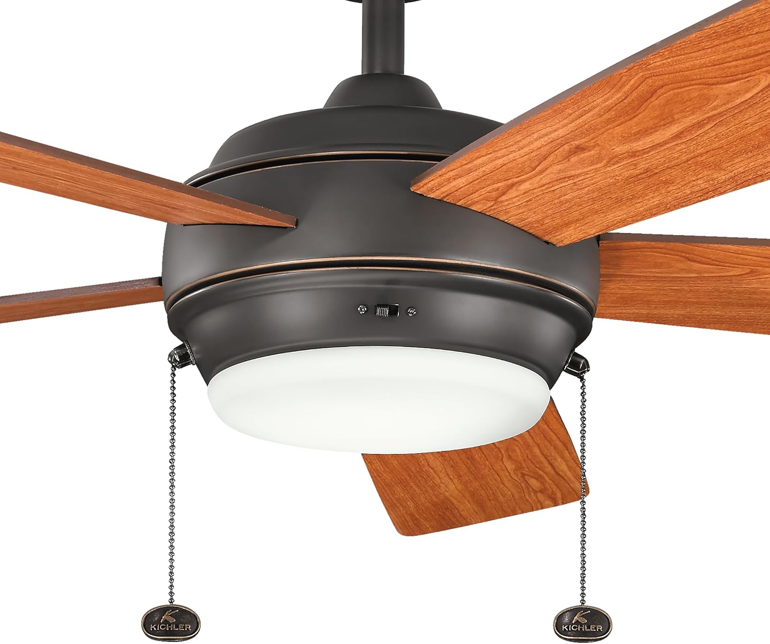 KICHLER 330174OZ Protruding Mount, 5 WALNUT/CHERRY Blades Ceiling fan with 53 watts light, Old Bronze