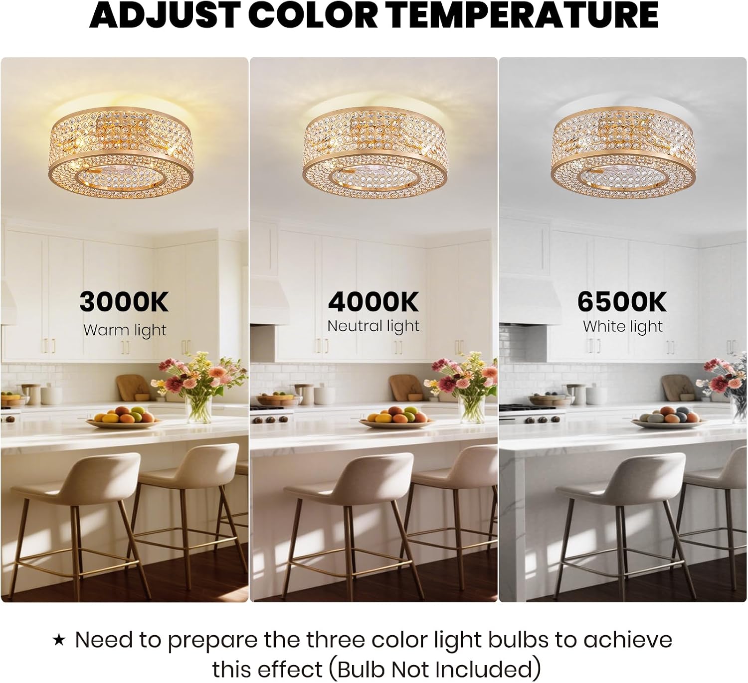 20' Caged Crystal Ceiling Fan with Lights Flush Mount Gold Fandelier Low Profile Chandelier Fan Enclosed Ceiling Fan Light Fixtures with Reversible Motor for Bedroom Kitchen Living Room