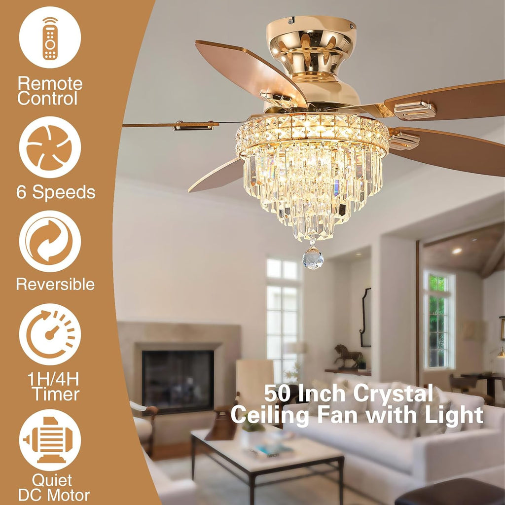 Crystal Ceiling Fan Fandelier with Lights-Ceiling Fans with Lights,50' Low Profile and Remote Control, Flush Mount, Reversible, Dimmable, Noiseless,Ceiling Fan for Bedroom（Gold）
