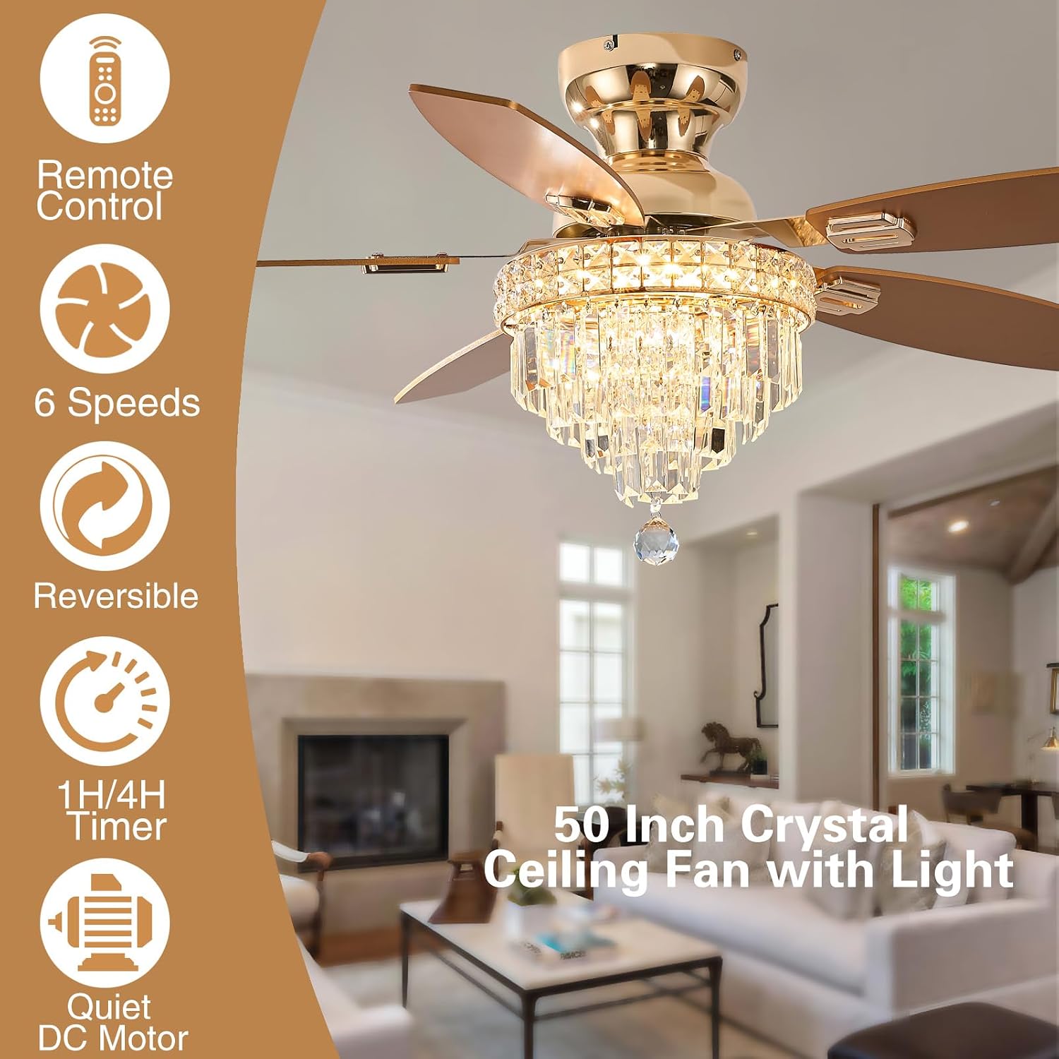 Crystal Ceiling Fan Fandelier with Lights-Ceiling Fans with Lights,50' Low Profile and Remote Control, Flush Mount, Reversible, Dimmable, Noiseless,Ceiling Fan for Bedroom（Gold）