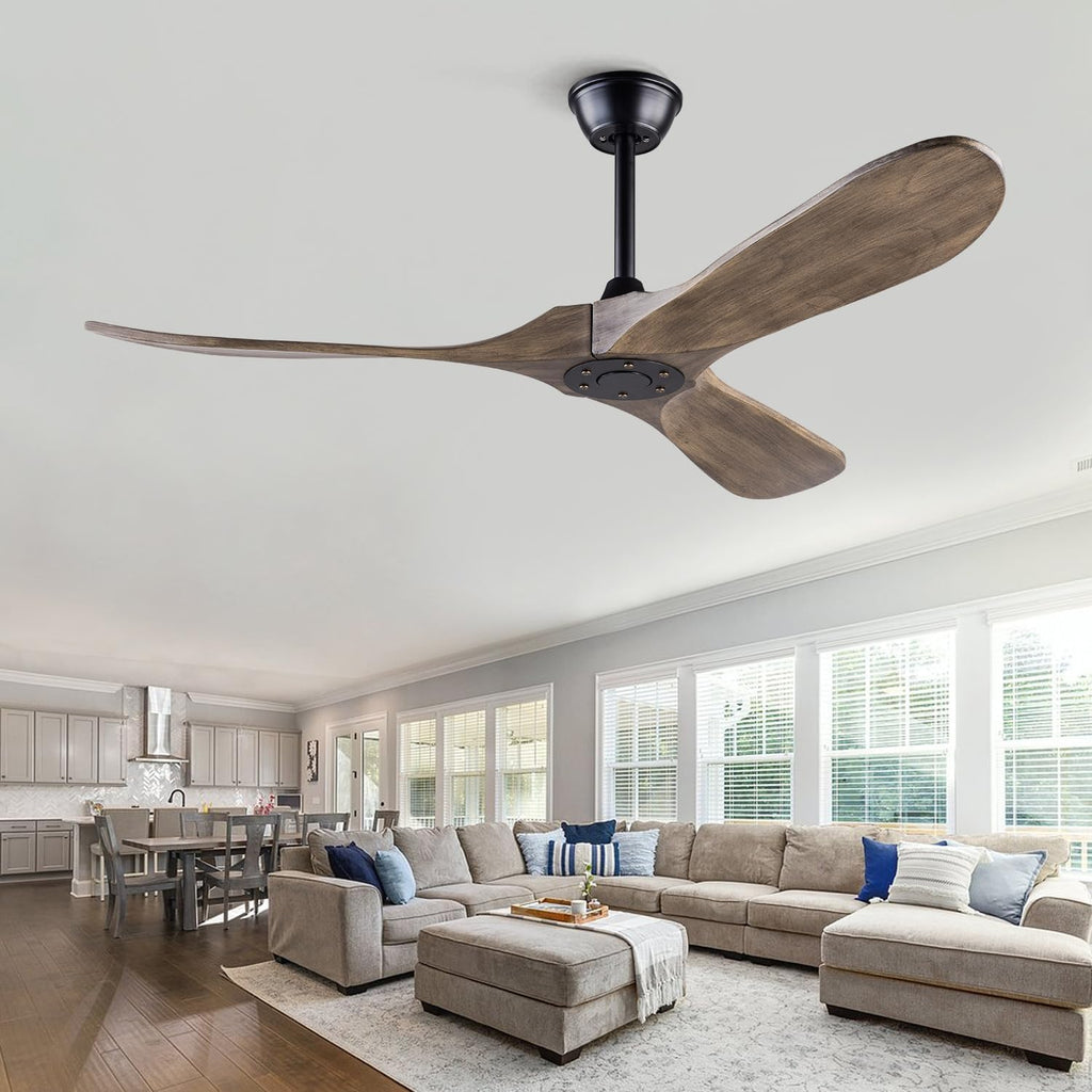 52 Inch Ceiling Fans Without Lights, Indoor/Outdoor Ceiling Fan no Light,3 Solid Wood Blades, Black Ceiling Fan for Living Room Patios Bedroom Porch (Gray Drawing Lines Blades)