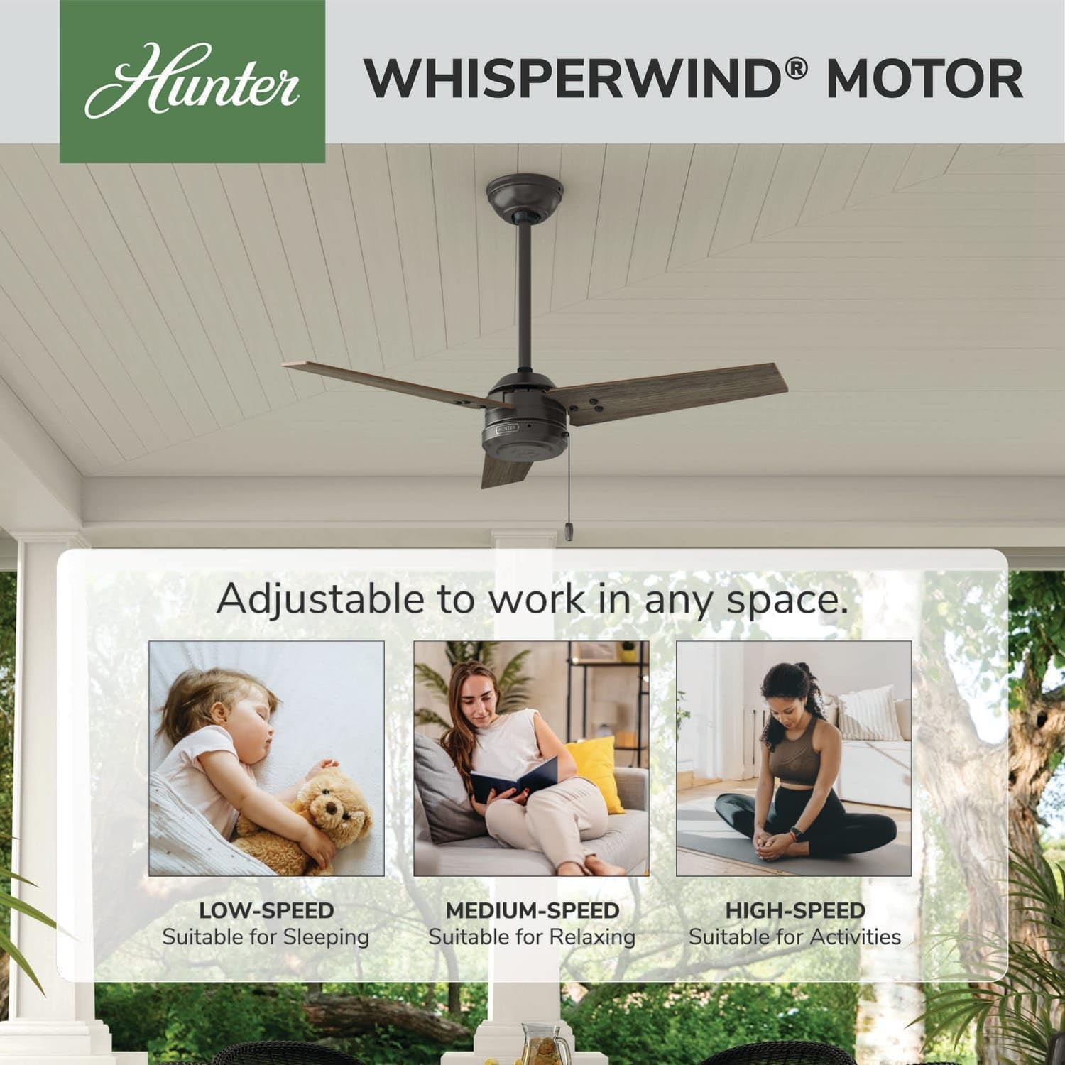 Hunter Fan 44 inch Contemporary Fresh White Outdoor Ceiling Fan with Pull Chain for Patio, Living Room, Bedroom, Office, Kitchen (Renewed) (Noble Bronze)