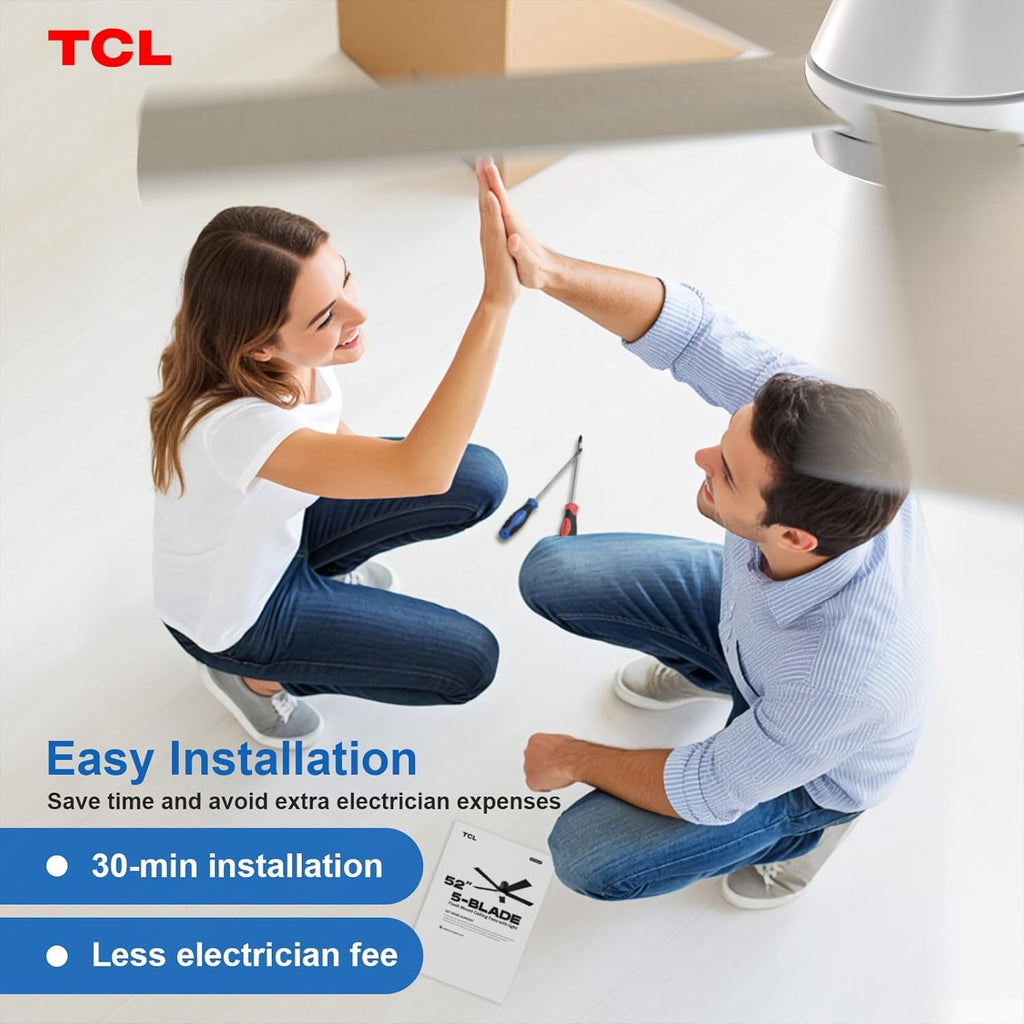 TCL 52' Modern Ceiling Fan with Lights, 5 Blades, 6 Speeds DC Reversible, Dimmable, White Flush Mount for Bedroom, Living Room and Garage